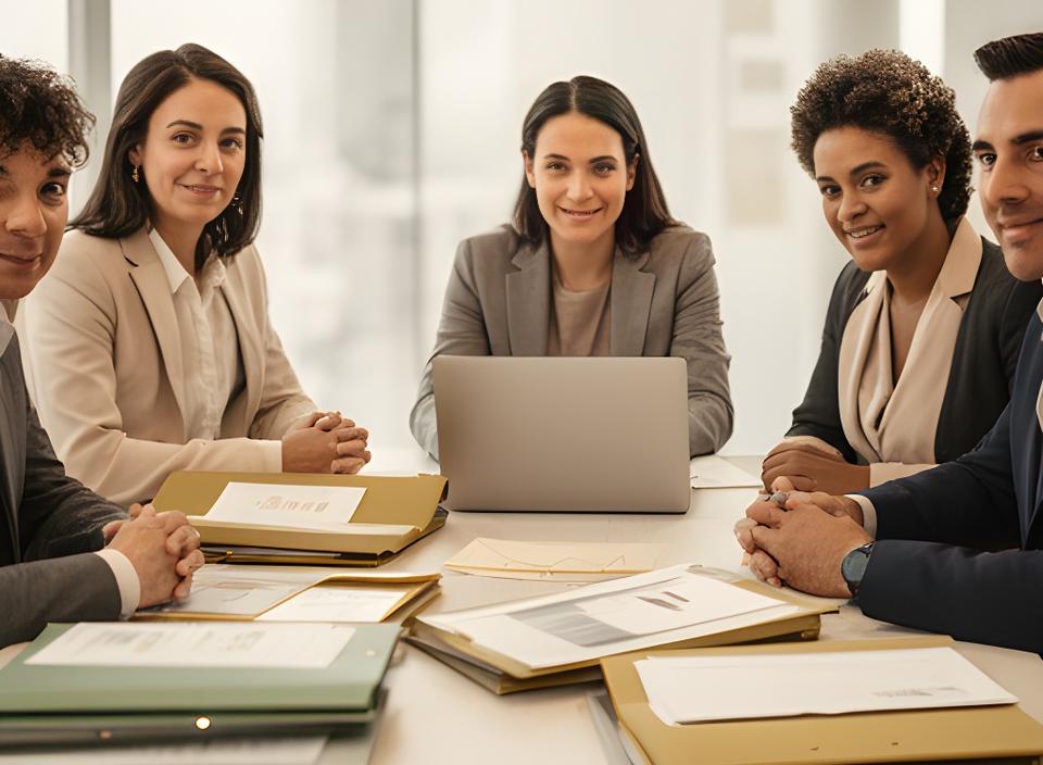 HR-Workshop in einem hellen Wiener Besprechungsraum mit Compliance-Dokumenten, Laptop und diversen Teammitgliedern
