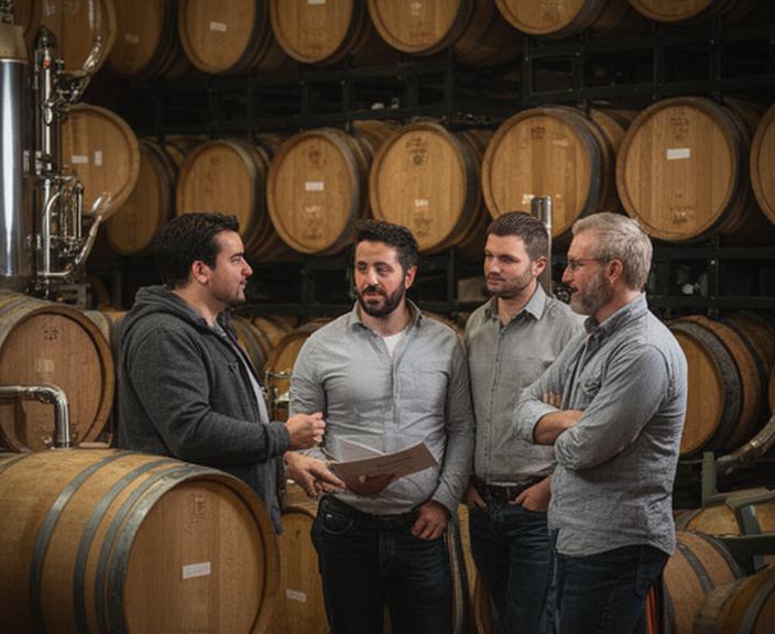 Brauerei-Team in Wien bei einer ruhigen Besprechung neben Fässern und Schichtplan