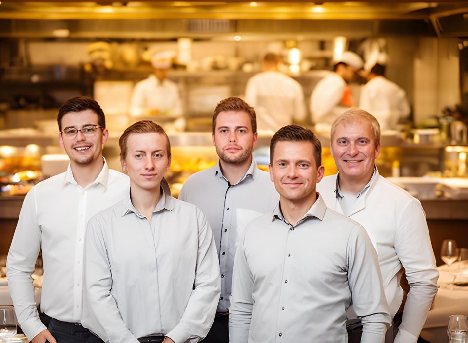 Team in einem Wiener Restaurant mit offener Küche und warmem Licht im Servicebereich