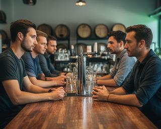 Barteam in einer Brauerei mit Holztheke und konzentrierter Schichtplanung