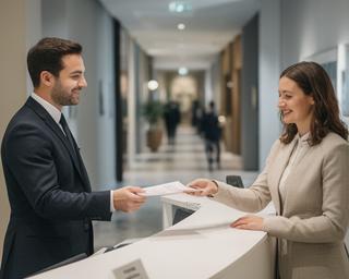 Hotelrezeption in Wien mit zwei Mitarbeitenden bei der Übergabe der Frühschicht