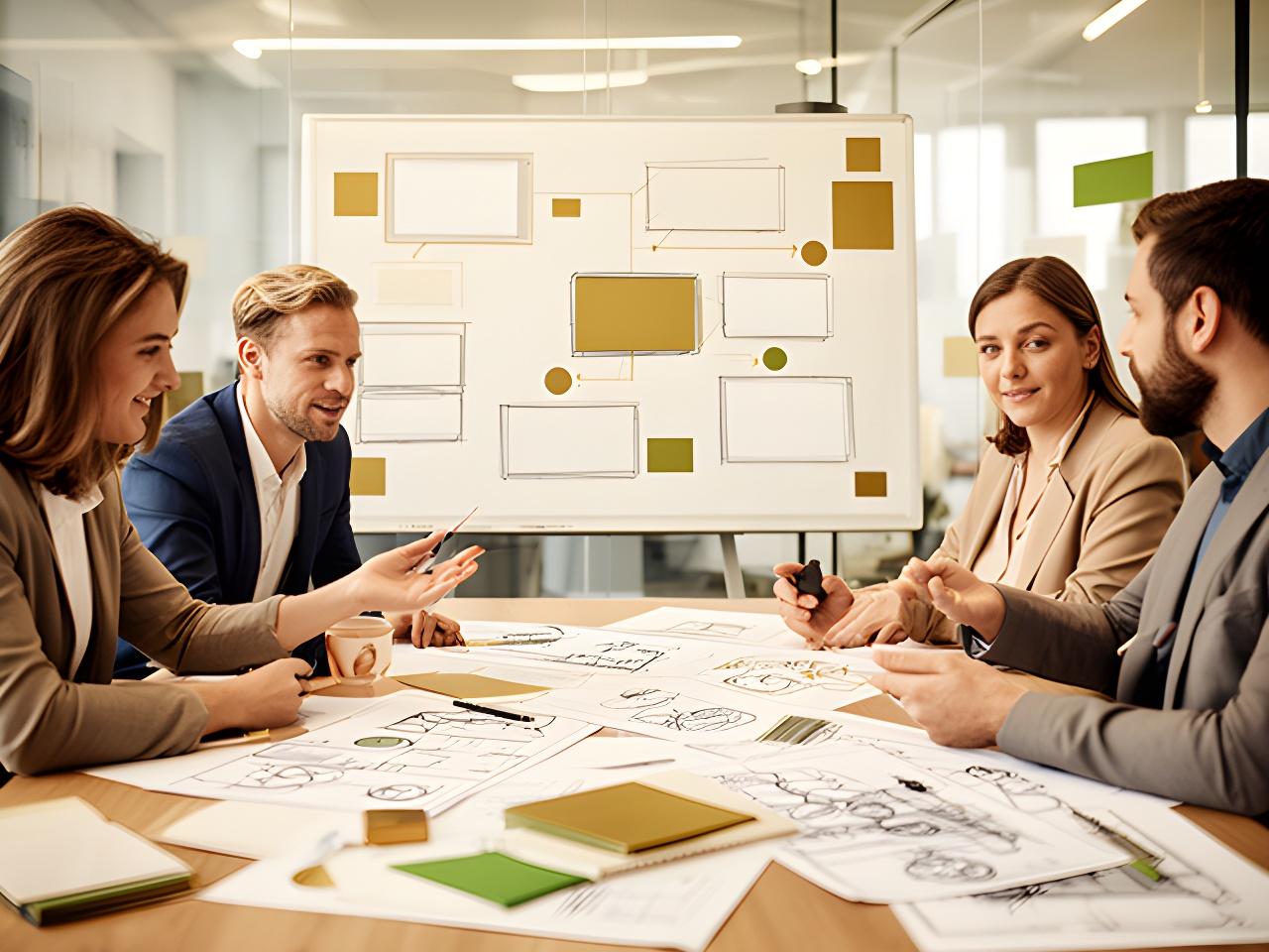 Beratungssituation in einem modernen Wiener Büro mit Strategie-Board und technischen Skizzen für Organisationsdesign