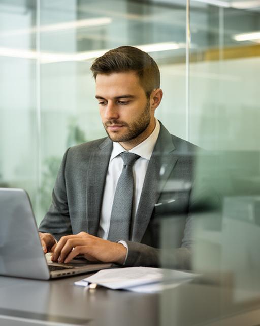 Recruiting-Spezialist vor einer Glaswand mit Laptop und fokussiertem Blick auf Bewerberprozesse